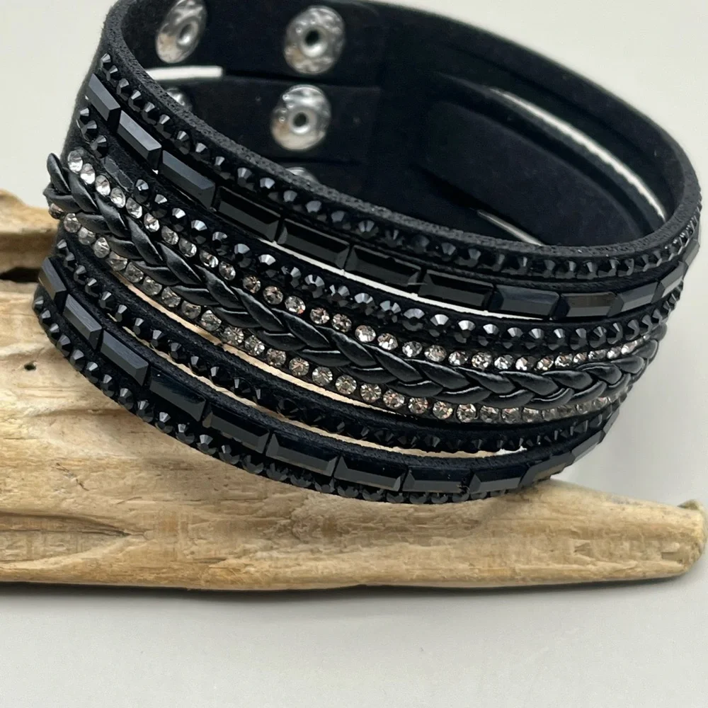 Black Multi-Layered Bracelet with Rhinestones